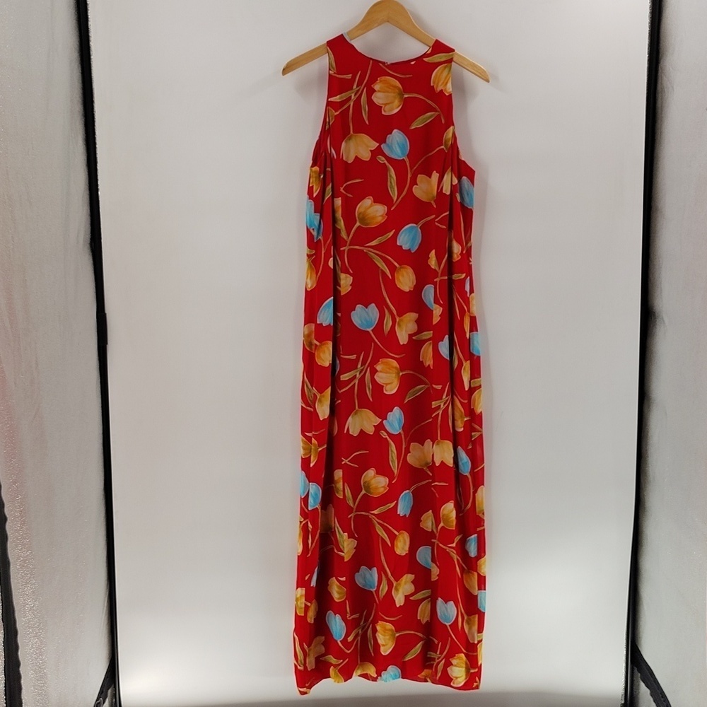 Harold's Floral Red Maxi Dress Size 14 Sleeveless Tulip Print Blue Peach Summer